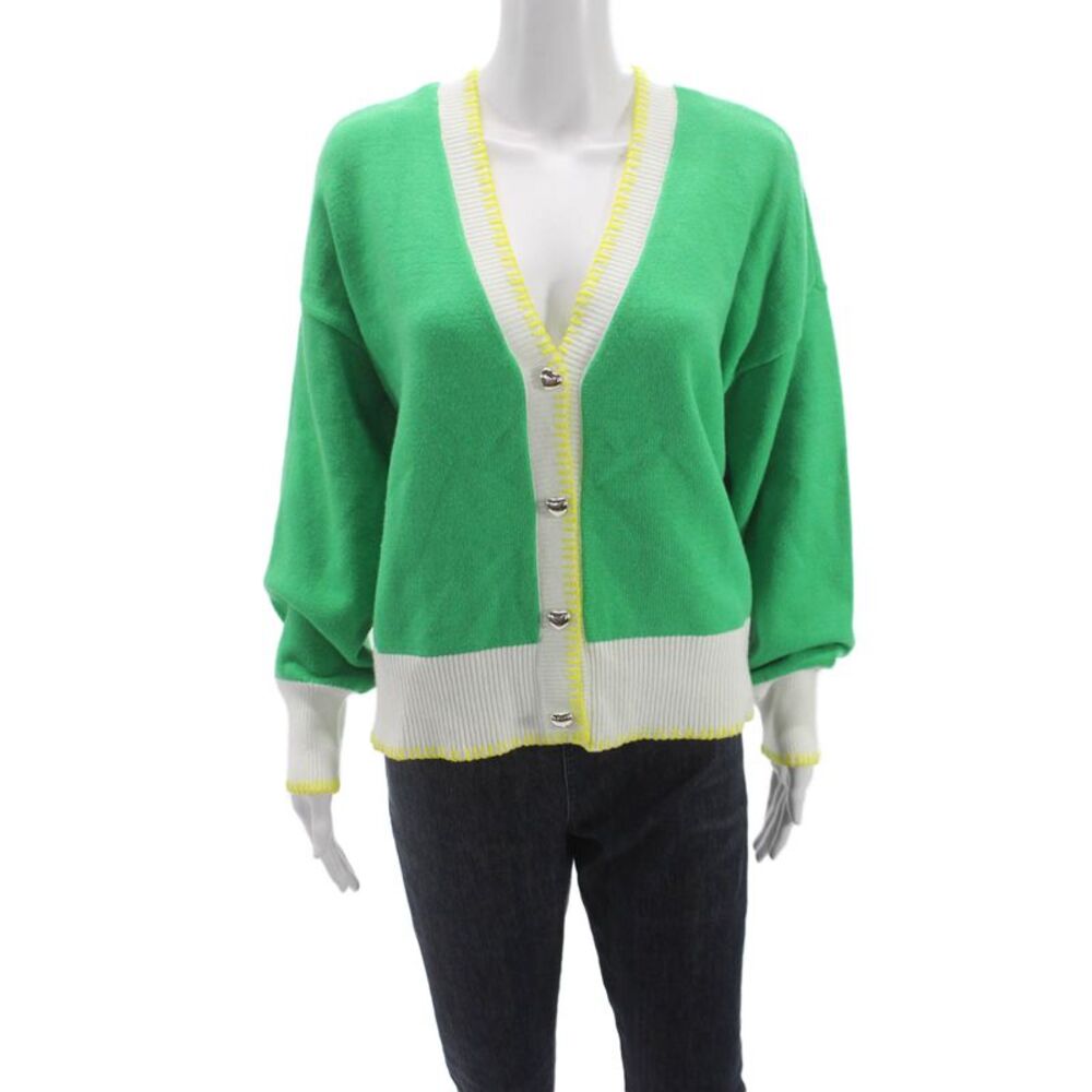 Kerri Rosenthal Women Cardigan V-Neck Long Sleeve Green Heart Size L